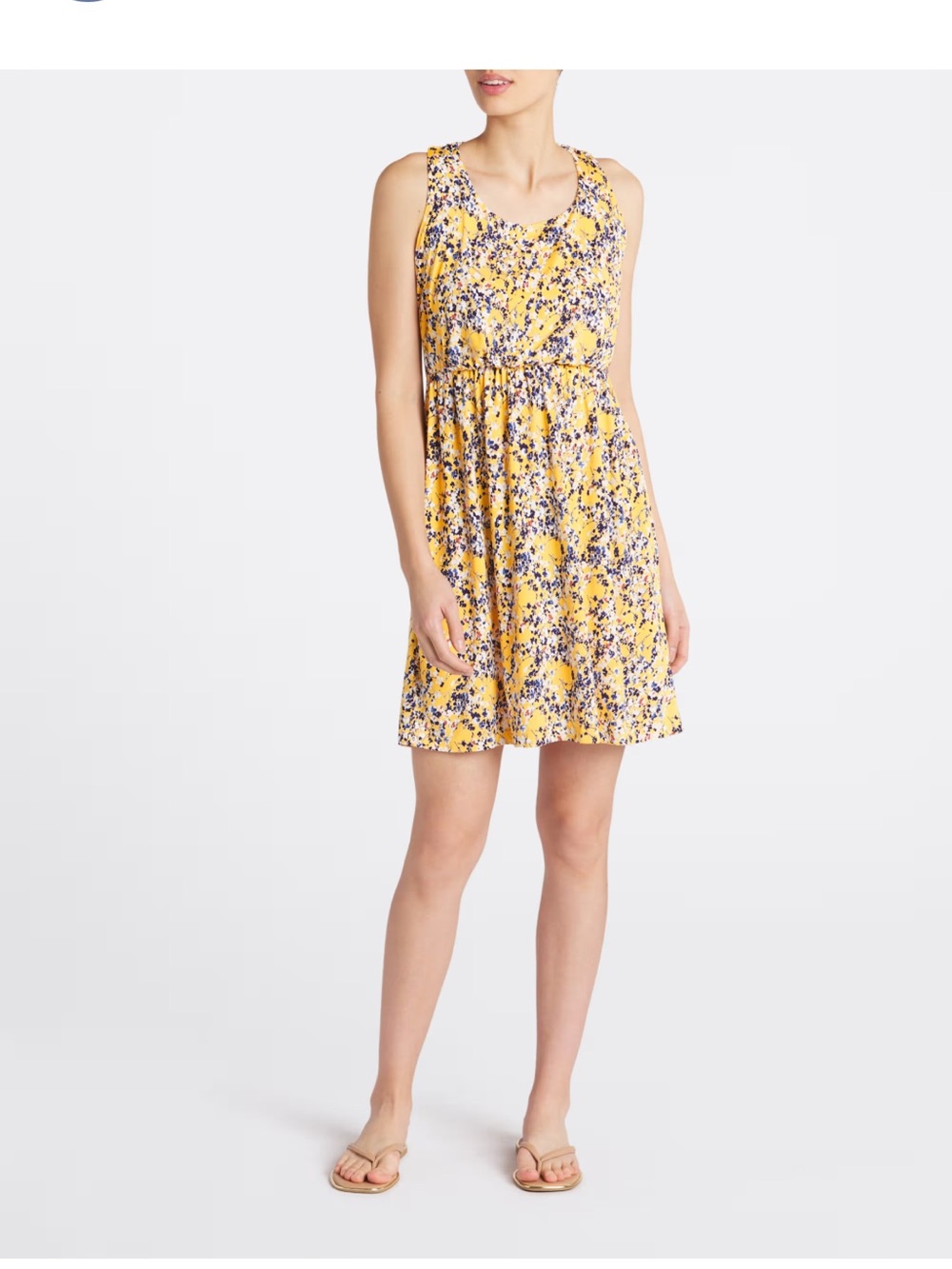 Kaileigh Yellow Floral Printed Dress with Navy and White Accents